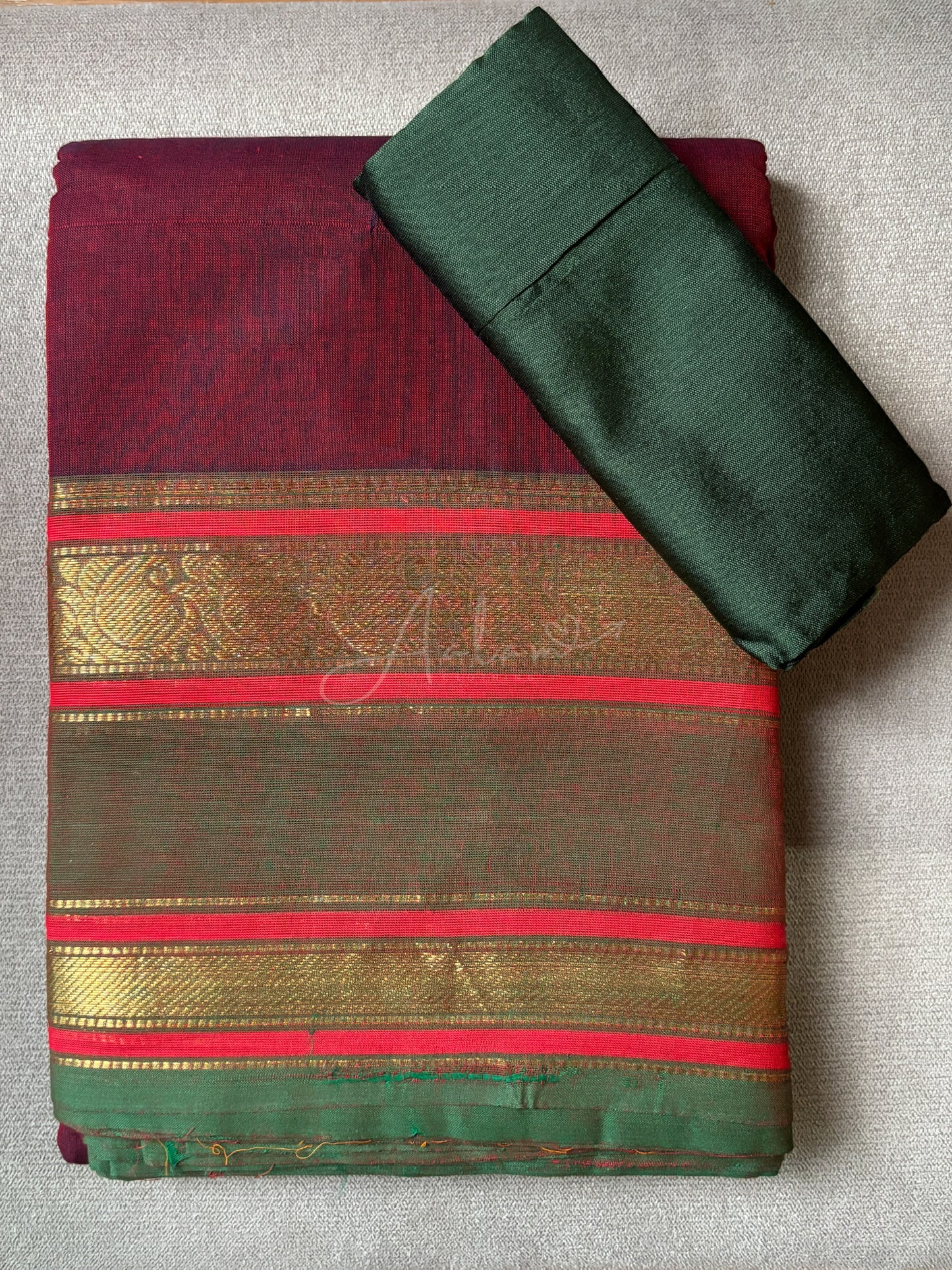 Cotton Saree - Maroon with Olive Green border