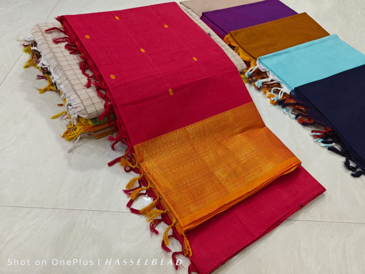 Cotton Saree Leaf Design - Red & Orange