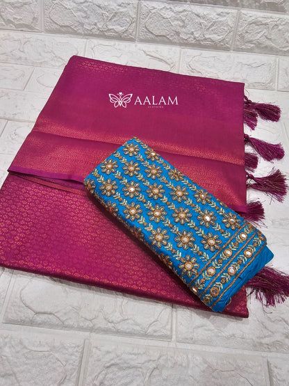 Kubera Silk Saree w Aari blouse - Magenta & Light blue