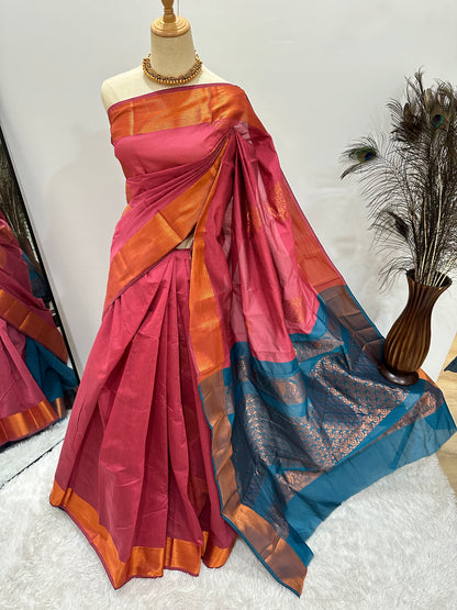 Silk Cotton Copper Zari Saree - Dusky Pink & Light blue