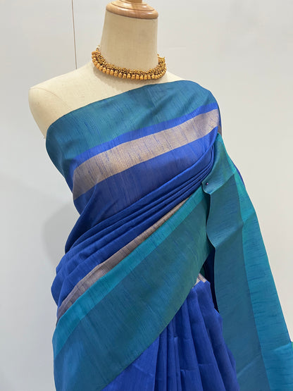 Raw Silk Saree - Blue x Green