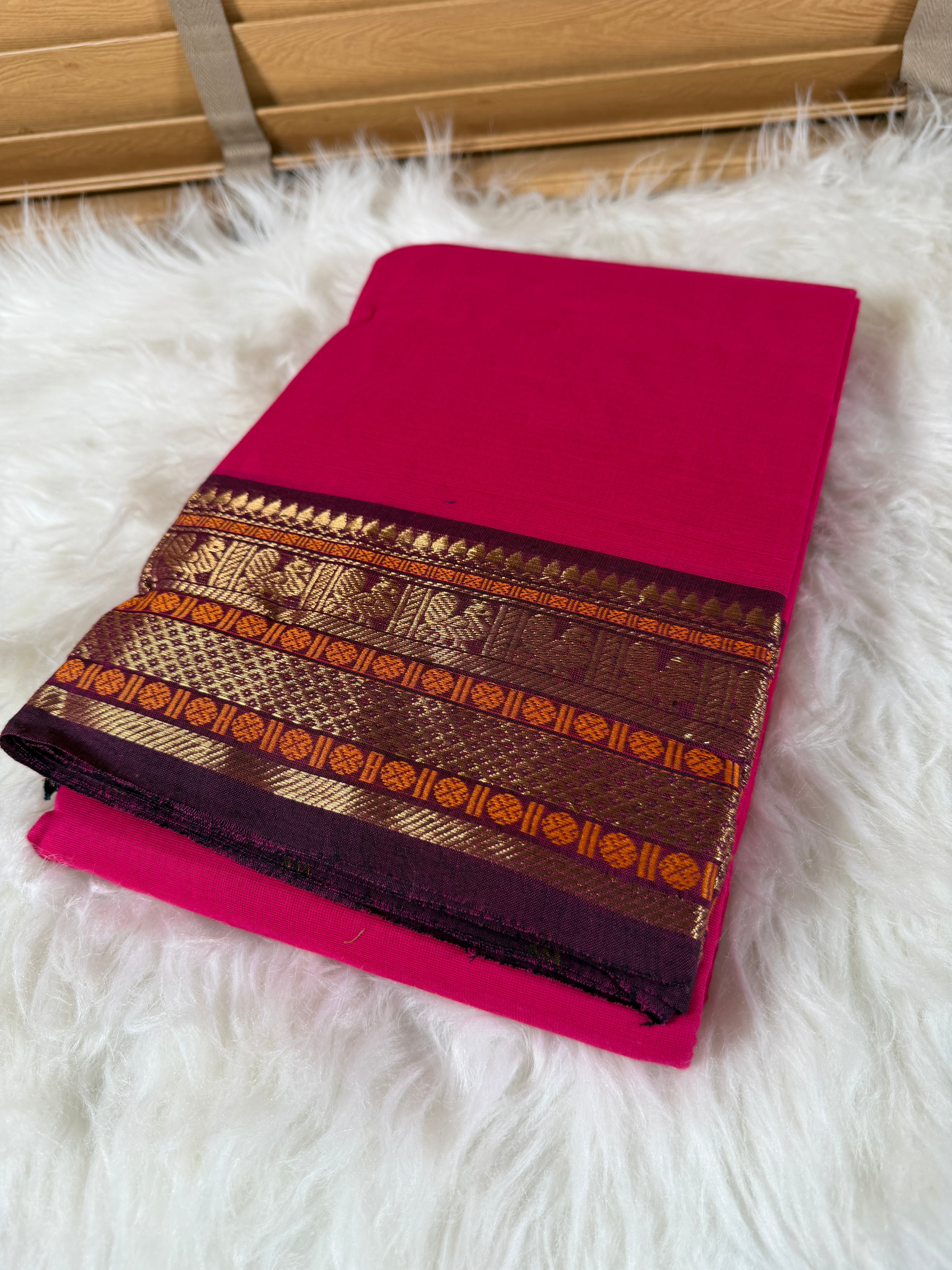 Cotton Saree - Pink & Purple Border