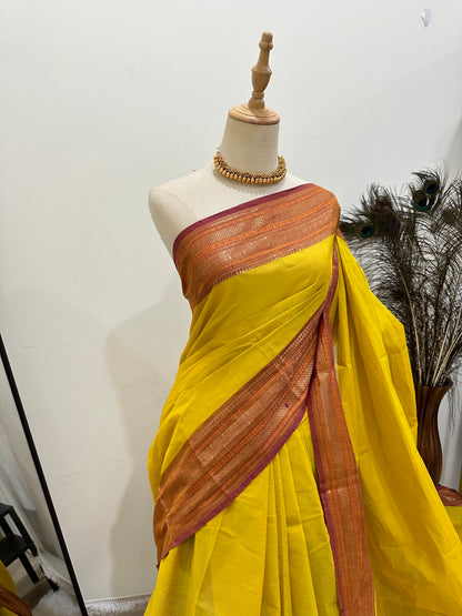 Cotton Saree - Saffron Yellow and dusky Pink