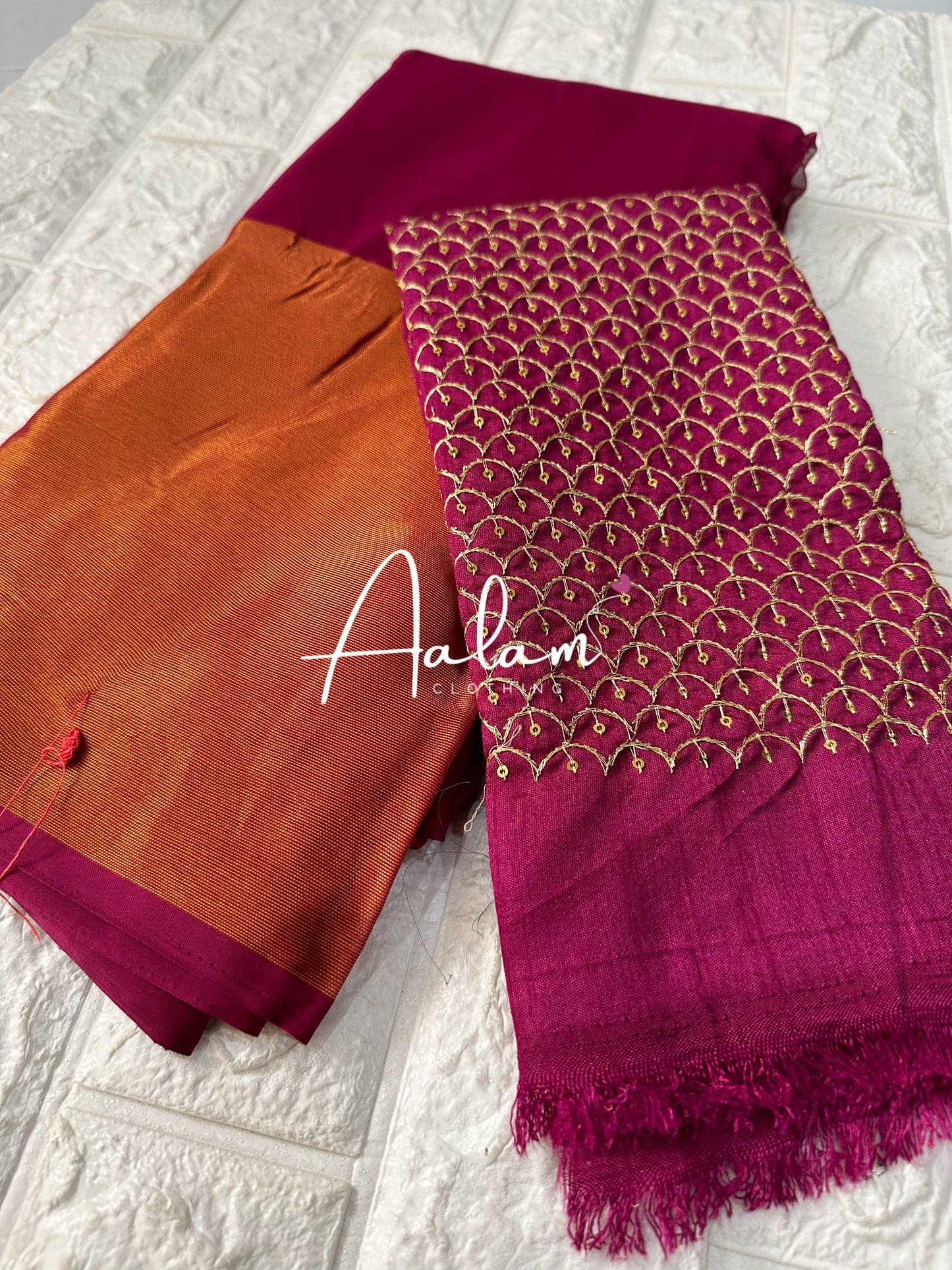 Chiffon Saree with Gold Border & Aari Blouse - Magenta