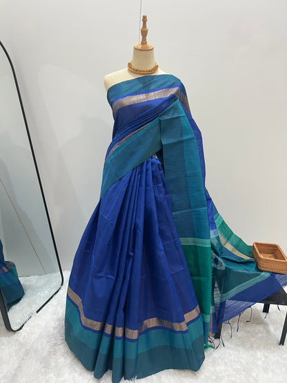 Raw Silk Saree - Blue x Green