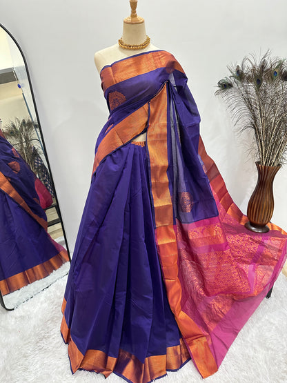 Silk Cotton Copper Zari Saree - Purple & Pink