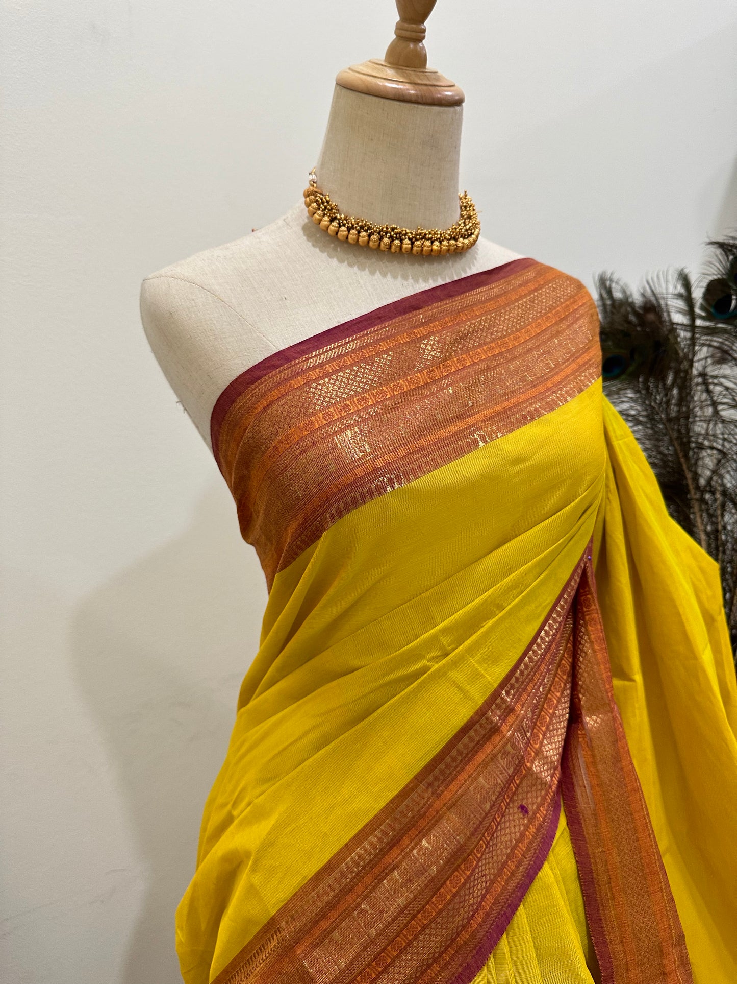 Cotton Saree - Saffron Yellow and dusky Pink