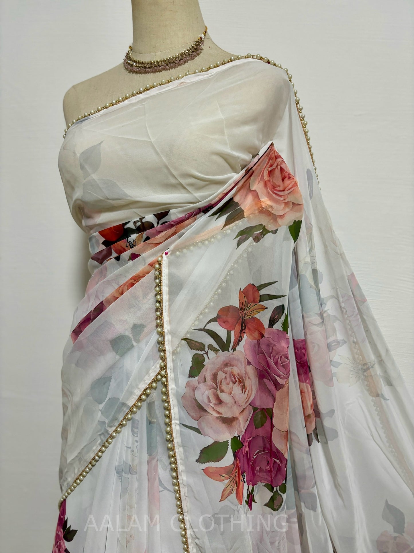 Georgette Pearl Lace Floral Saree - White & Pink florals