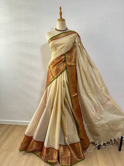 Cotton Saree - Cream & Gold with a tint of green