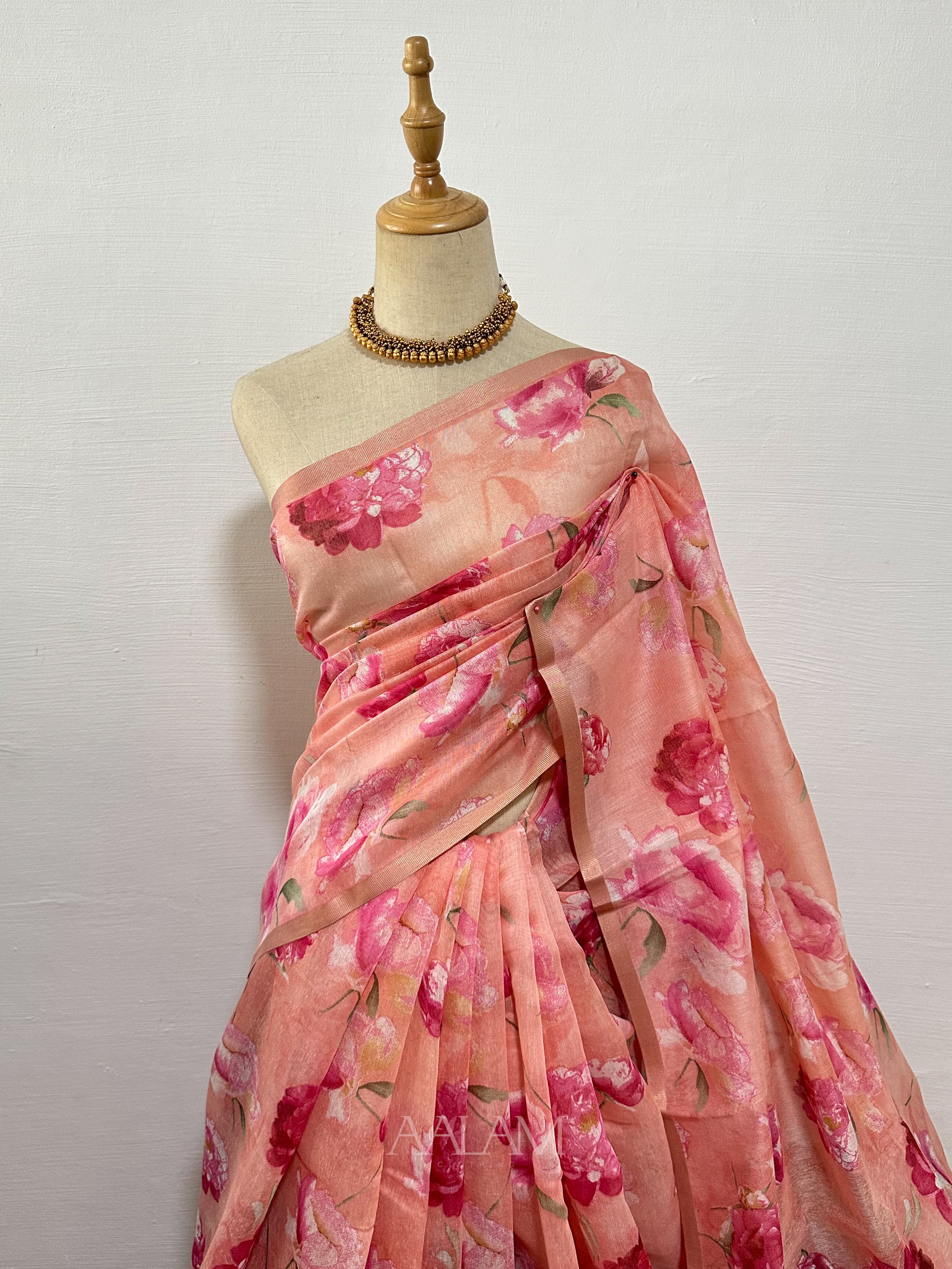 Floral Soft Linen Saree - Pink