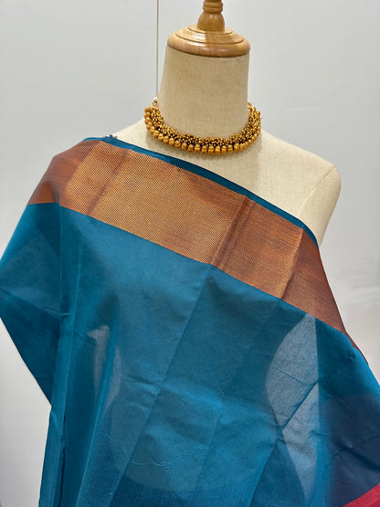 Silk Cotton Copper Zari Saree - Dusky Pink & Light blue