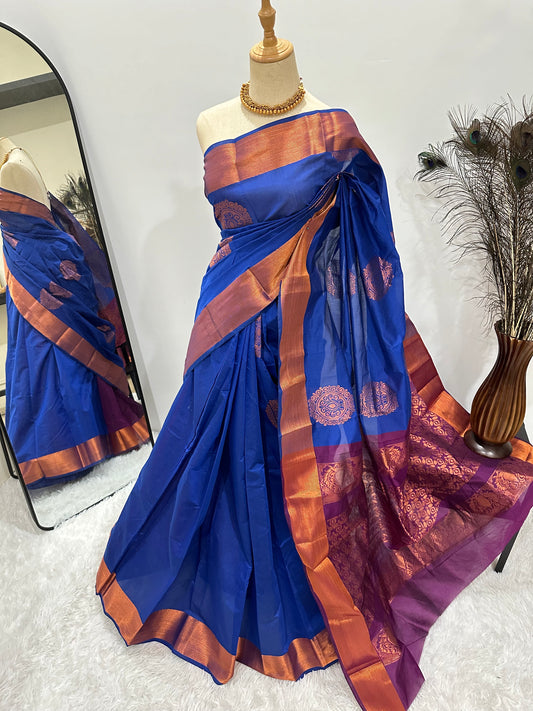 Silk Cotton Copper zari Saree - Royal Blue & Purple