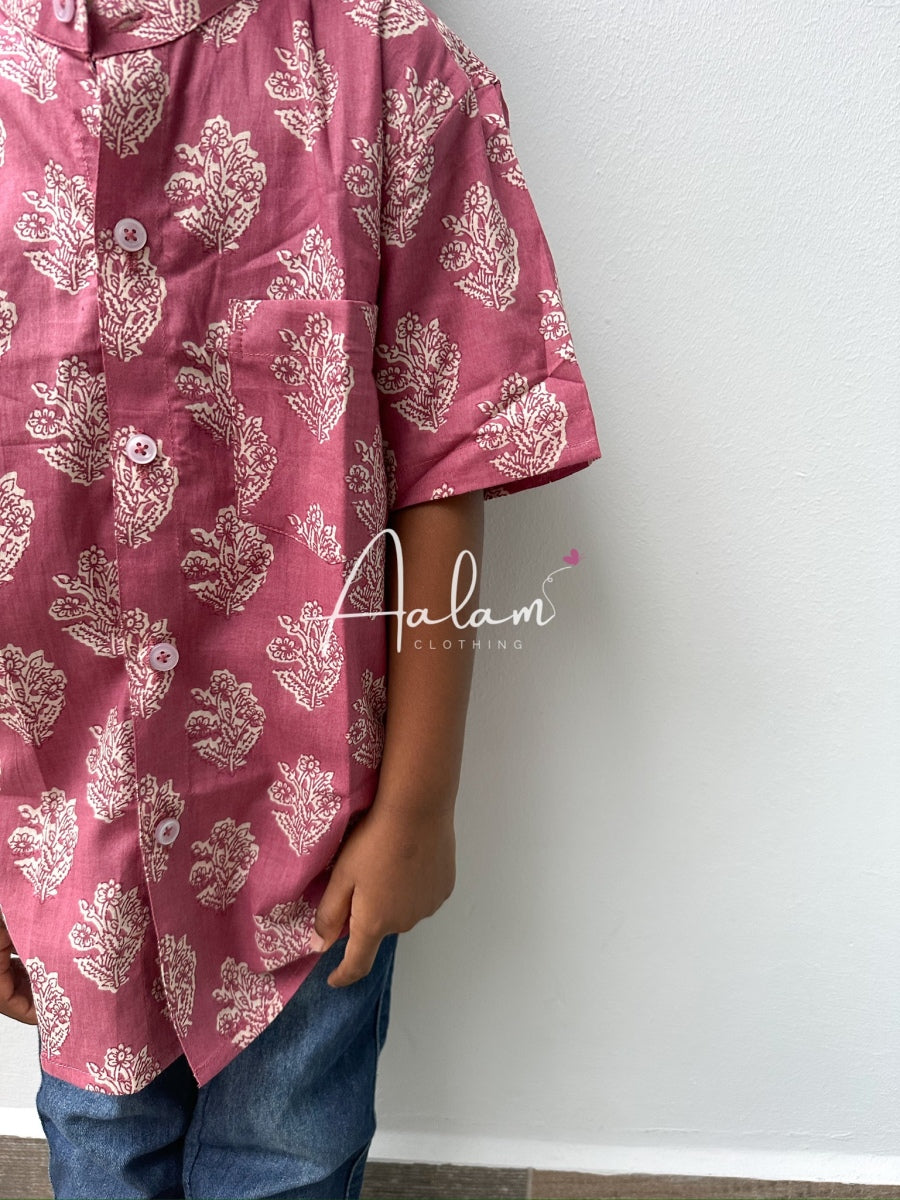 Boy Short Sleeve Shirt - Mauve Block Prints