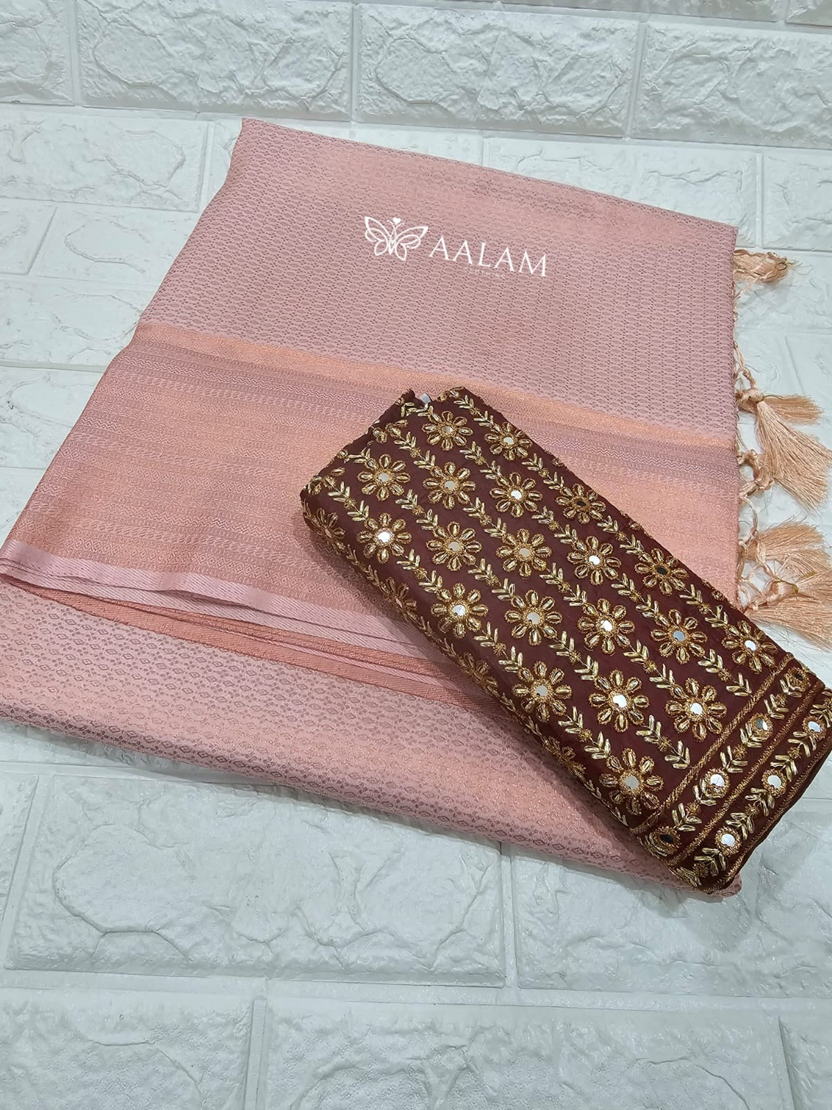 Kubera Silk Saree w Aari blouse - Rose Gold & Brown