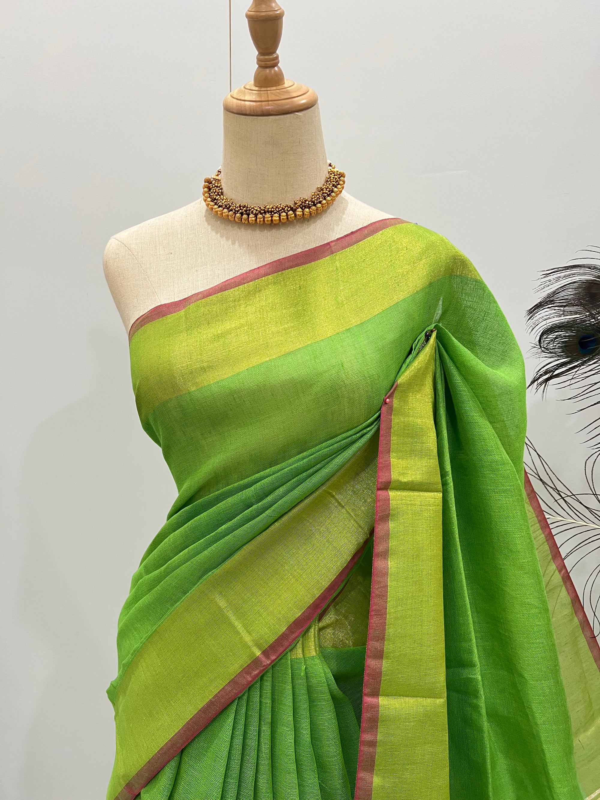 Linen Silver Zari - Parrot Green & Pink