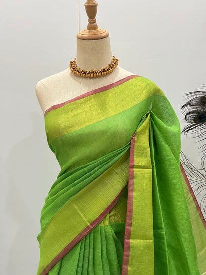 Linen Silver Zari - Parrot Green & Pink