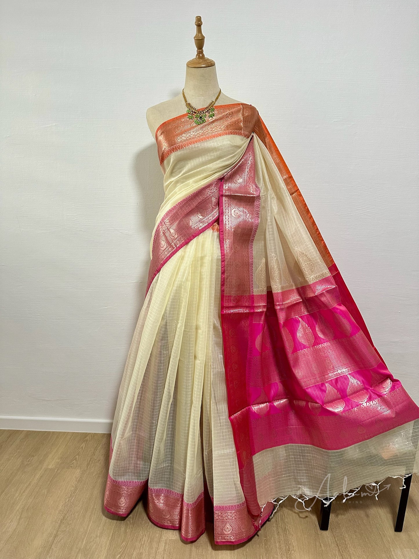 Cream Cotton Kota Soft Silk Saree - Pink & Orange Border