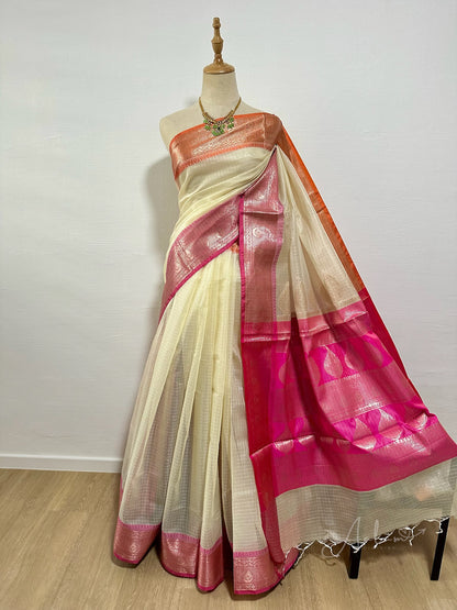 Cream Cotton Kota Soft Silk Saree - Pink & Orange Border