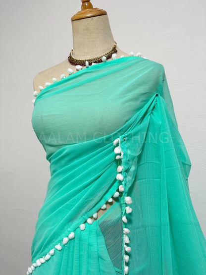 Georgette Pom Pom Saree - Green