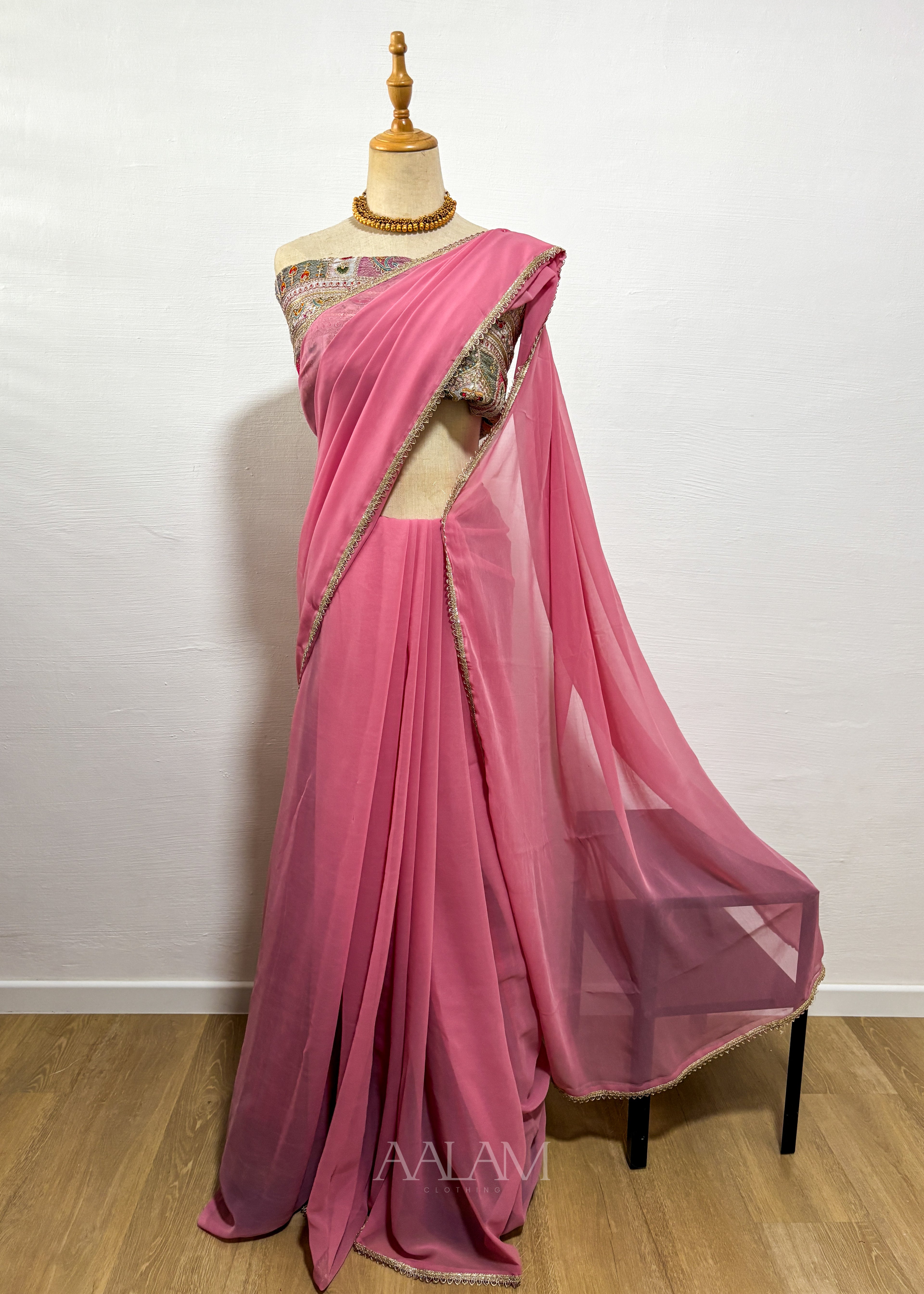 Georgette Saree with Embroidery Blouse Work - Rose Milk
