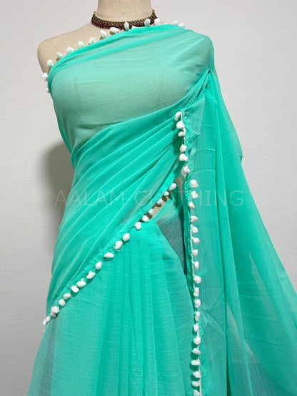 Georgette Pom Pom Saree - Green