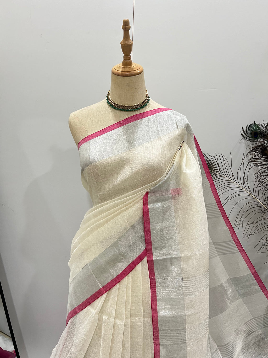 Linen Silver Zari - White & Pink