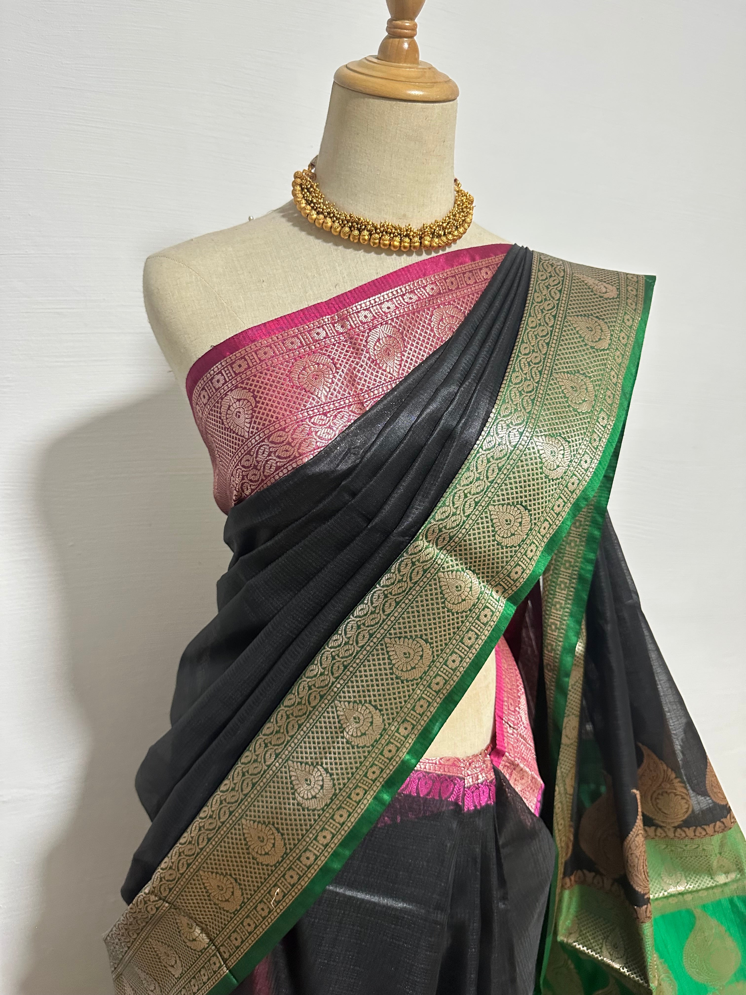 Black Cotton Kota Soft Silk Saree - Pink & green Border