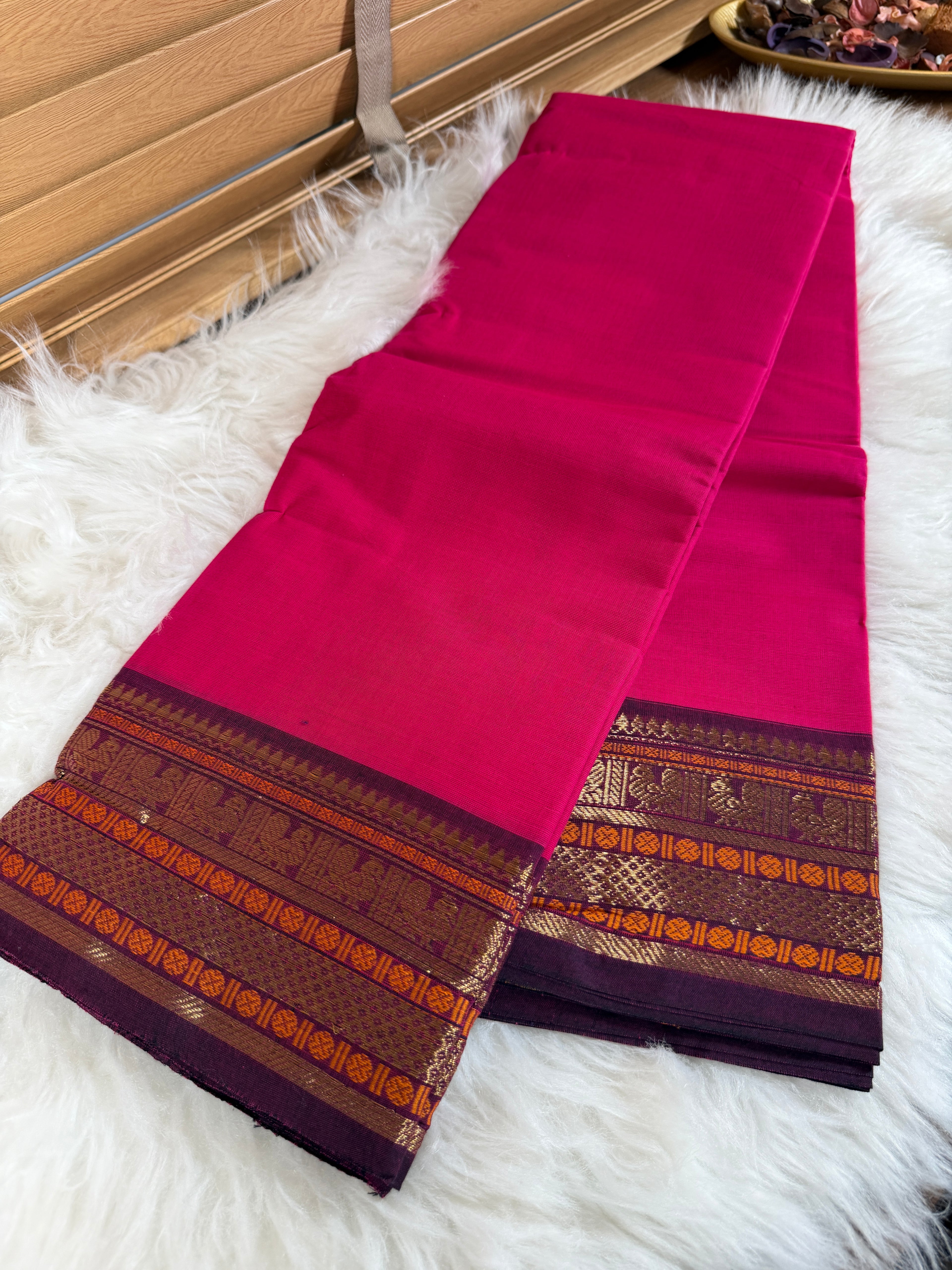 Cotton Saree - Pink & Purple Border