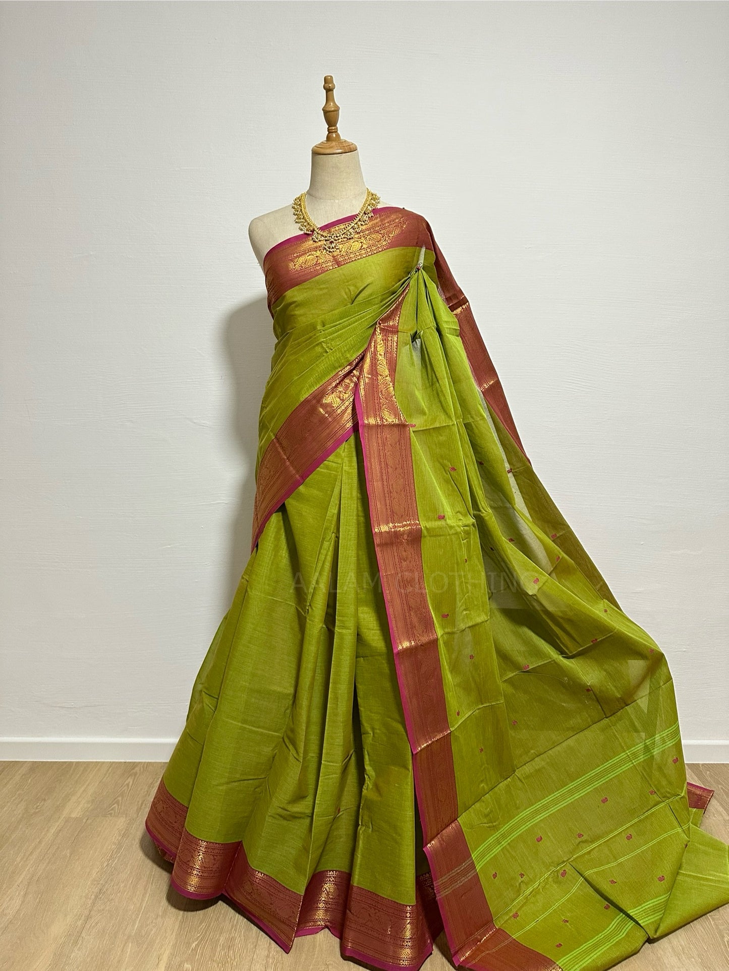 Cotton Saree - Parrot Green & Pink