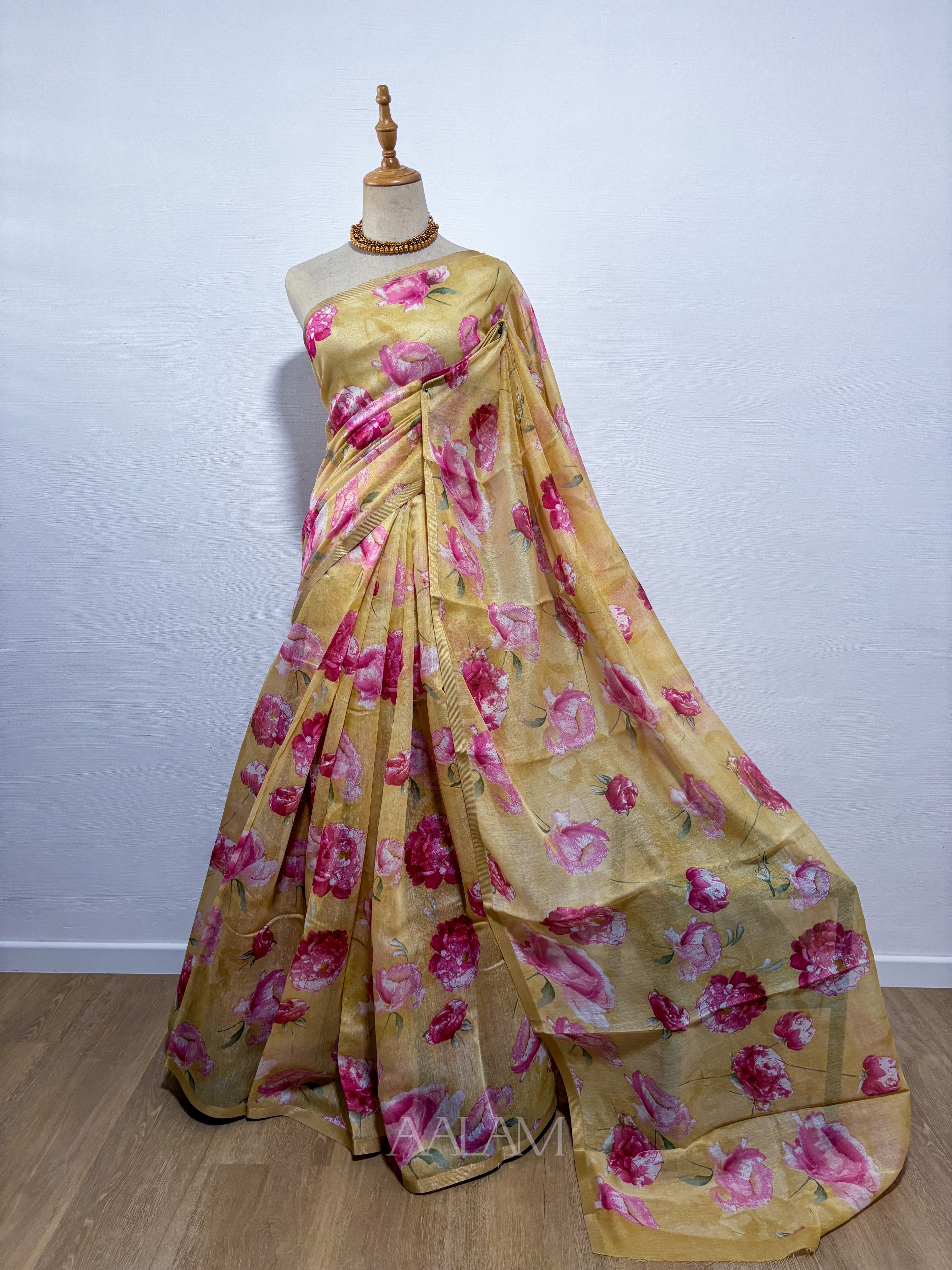 Floral Soft Linen Saree - Mustard