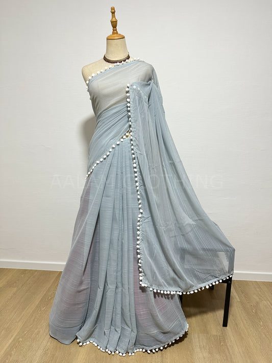 Georgette Pom Pom Saree - Grey