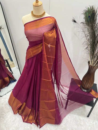 Chiffon Saree with Gold Border & Aari Blouse - Magenta