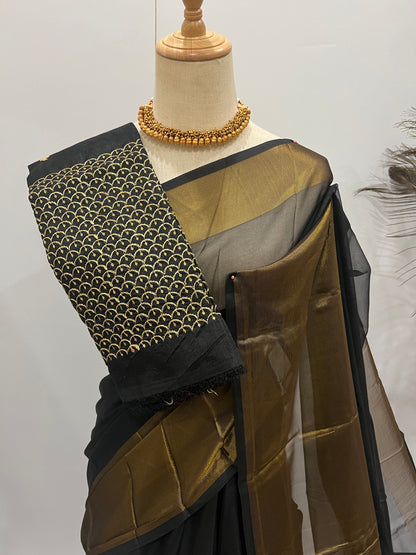 Chiffon Saree with Gold Border & Aari Blouse - Black