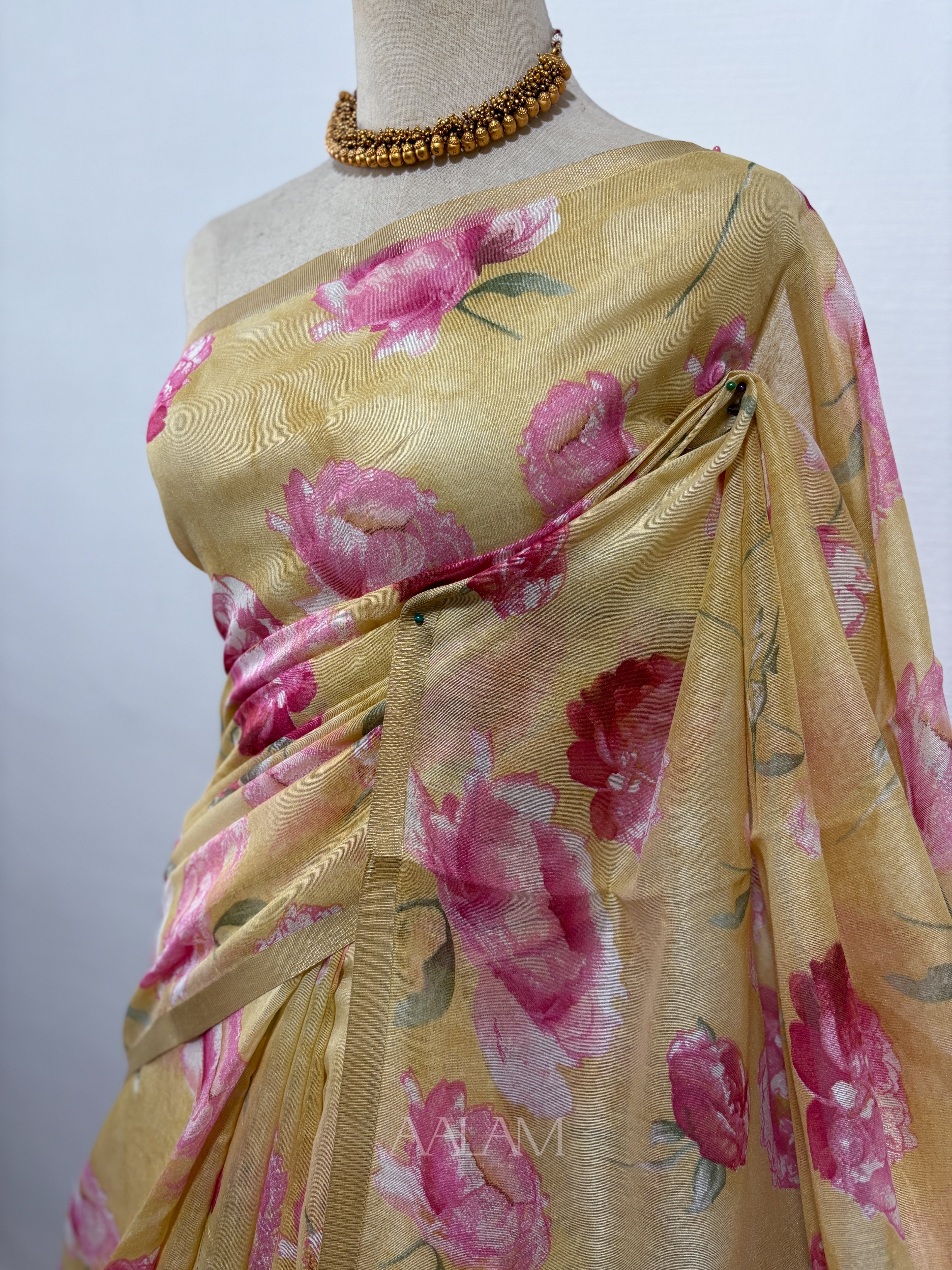 Floral Soft Linen Saree - Mustard