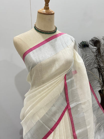 Linen Silver Zari - White & Pink