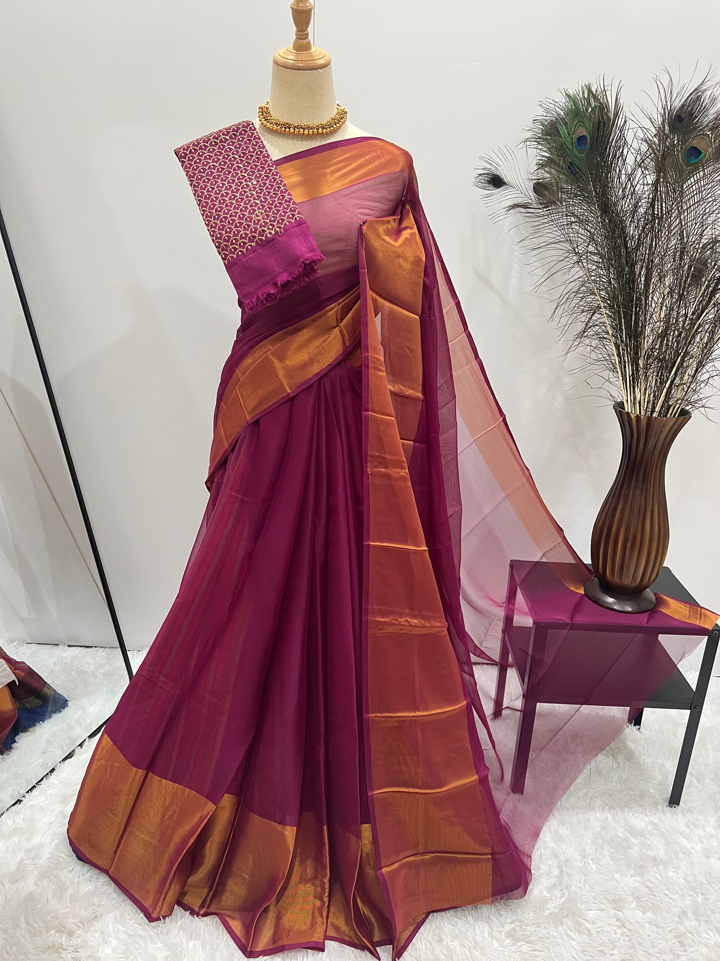 Chiffon Saree with Gold Border & Aari Blouse - Magenta