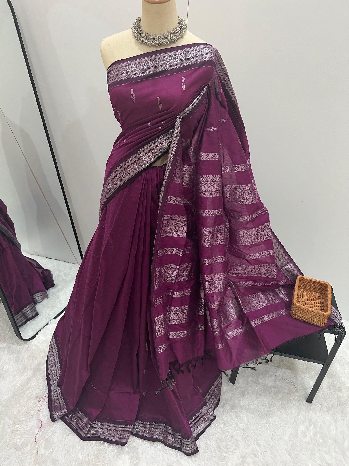 Kalyani Cotton Saree -  Purple Magenta Silver Zari