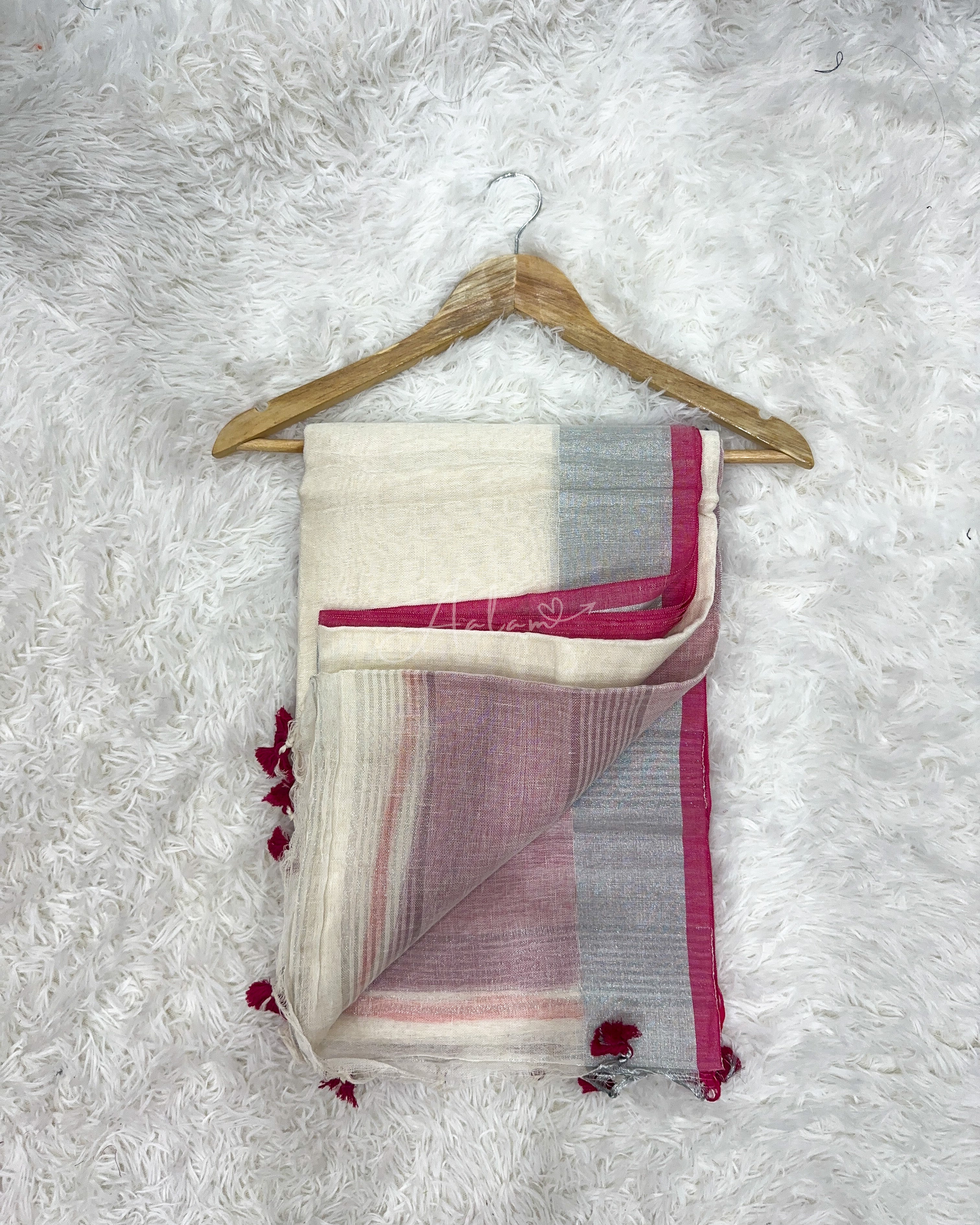 Linen Silver Zari - White & Pink