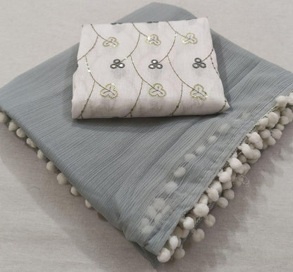 Georgette Pom Pom Saree - Grey