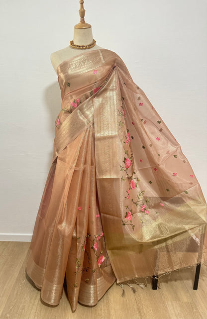 Tissue Silk Embroidery Saree - Copper