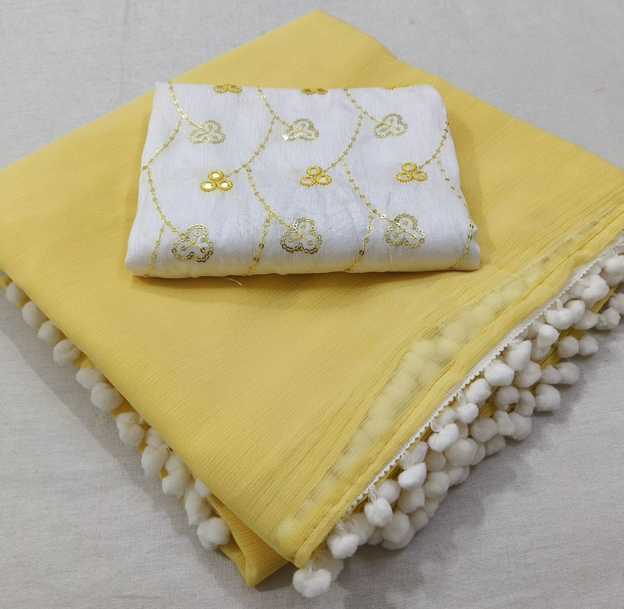 Georgette Pom Pom Saree - Yellow