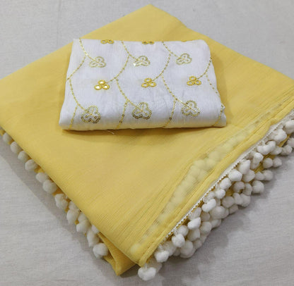 Georgette Pom Pom Saree - Yellow