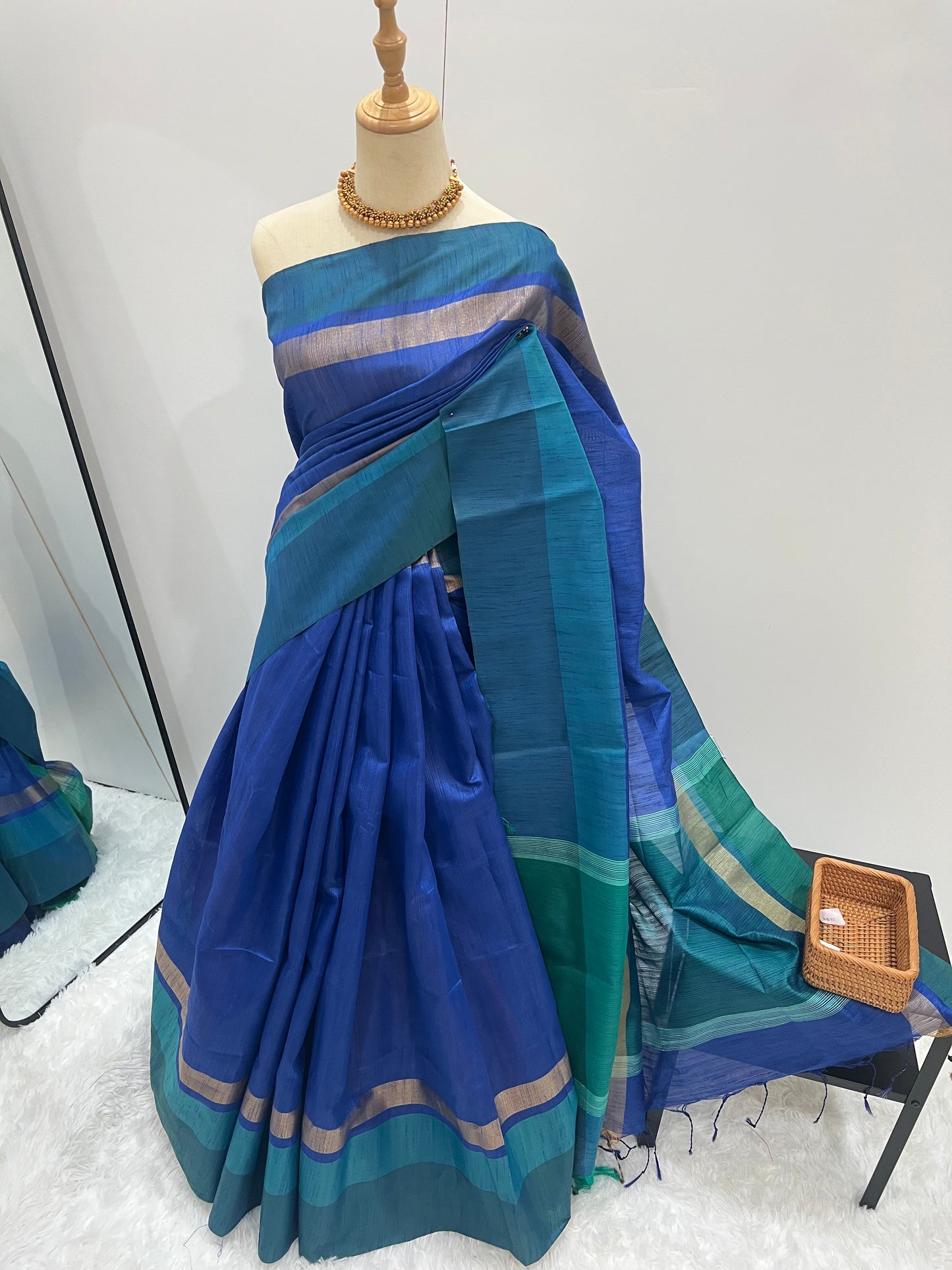 Raw Silk Saree - Blue x Green