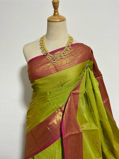 Cotton Saree - Parrot Green & Pink