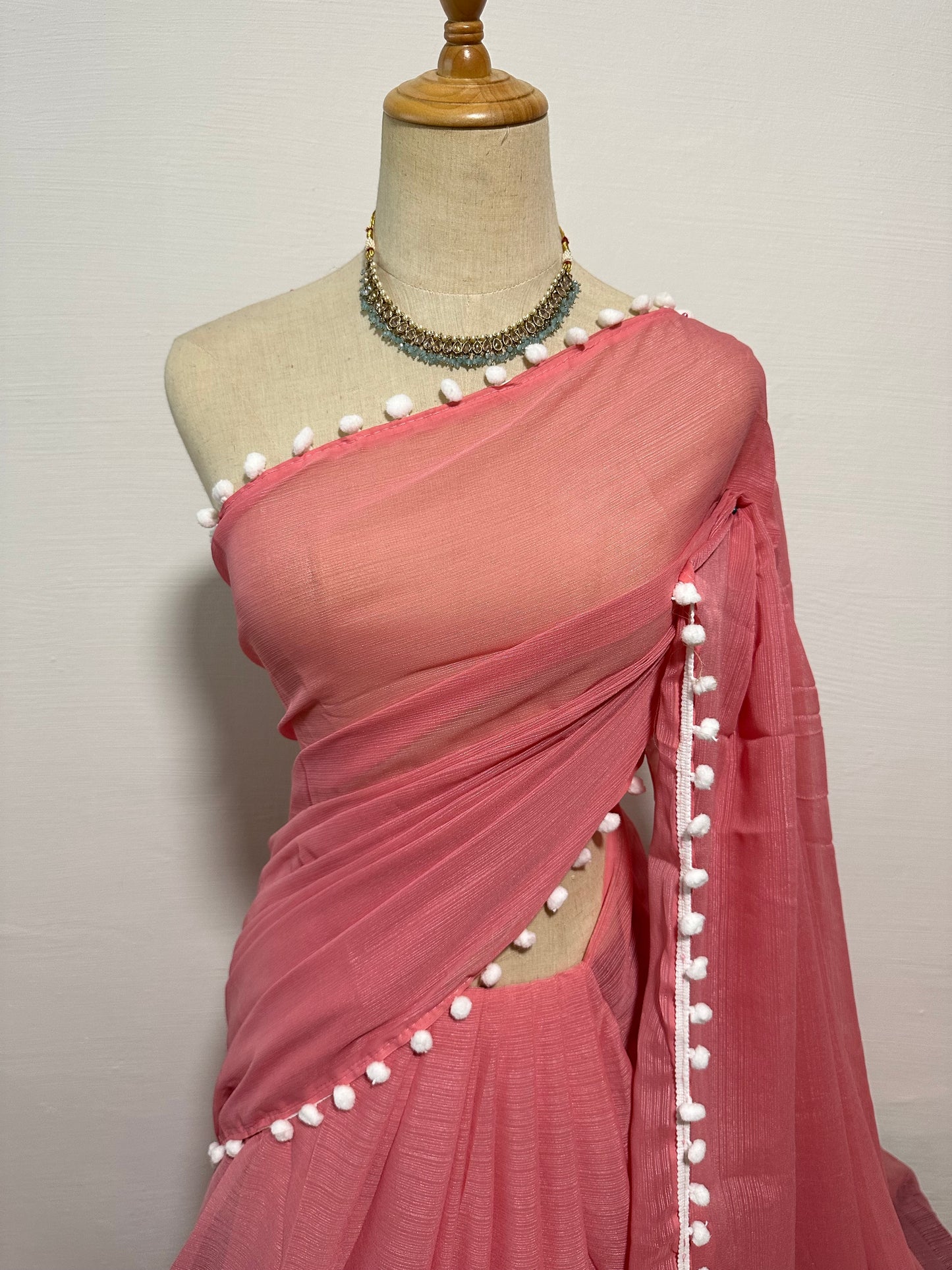 Georgette Pom Pom Saree - Pink