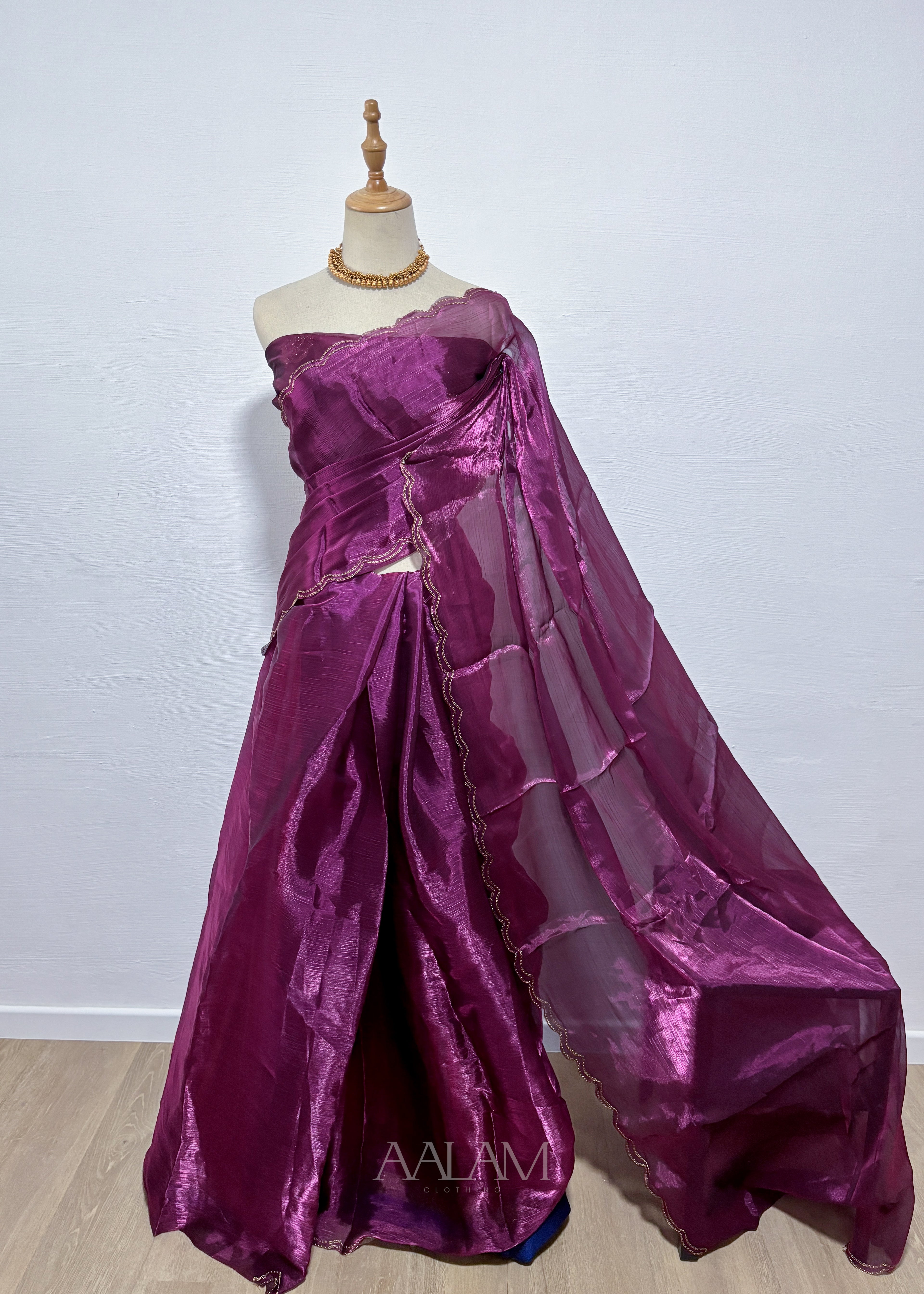 Metallic Georgette Saree with Gold Border - Deep Plum