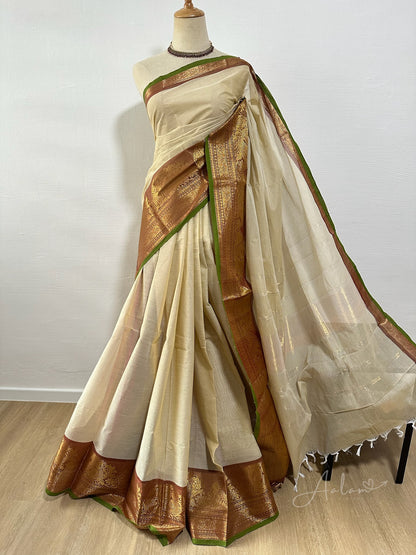 Cotton Saree - Cream & Gold with a tint of green