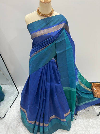 Raw Silk Saree - Blue x Green