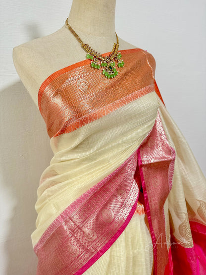 Cream Cotton Kota Soft Silk Saree - Pink & Orange Border