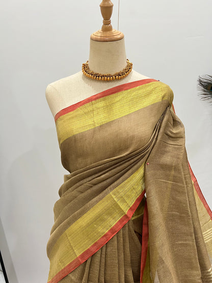 Linen Gold Zari - Khaki & Red